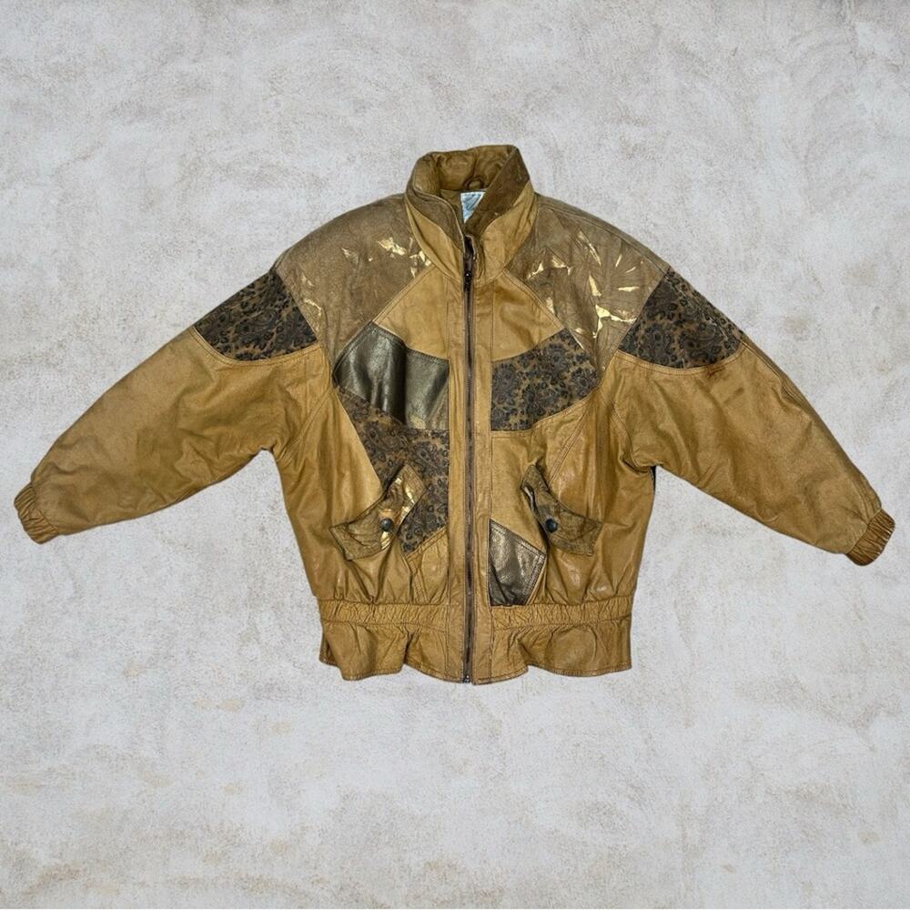 Vintage 80’s John Weitz Brown Cooper Gold Black Leather Bomber Jacket Large - Picture 2 of 13